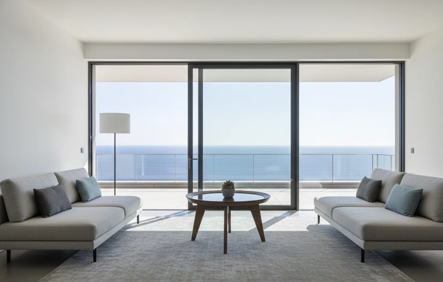 Antique coffee table in a modern living room with sea view