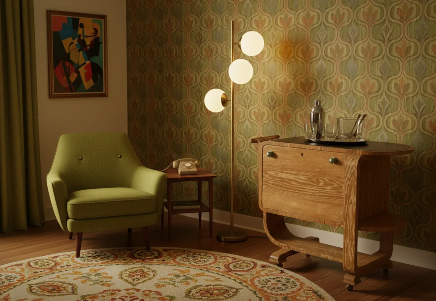 Antique cocktail trolley with vintage details in a cozy setting