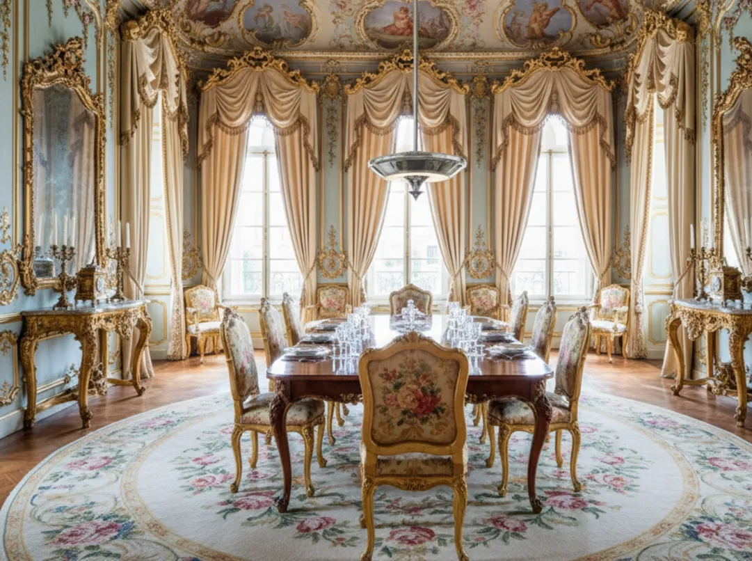 Two antique hanging lamps in an elegant dining room