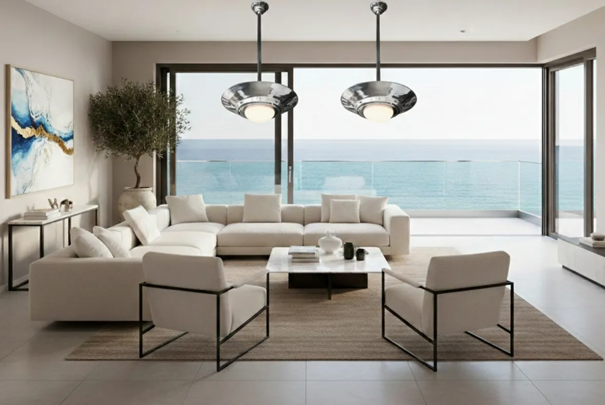 4 antique hanging lamps in a modern seaside setting
