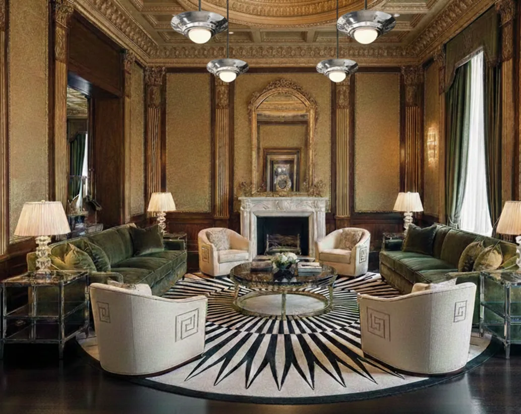 Four antique hanging lamps in art deco style, in an elegant living room. Decorative tables and chairs.