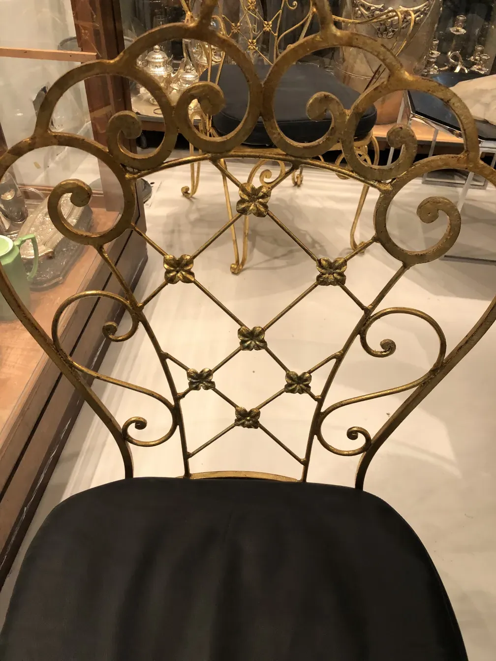 View of 2 antique garden chairs with art deco design, decorative.