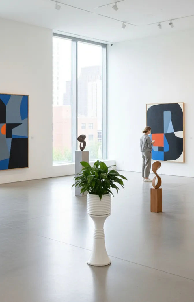 white planter with green plant in a modern gallery setting