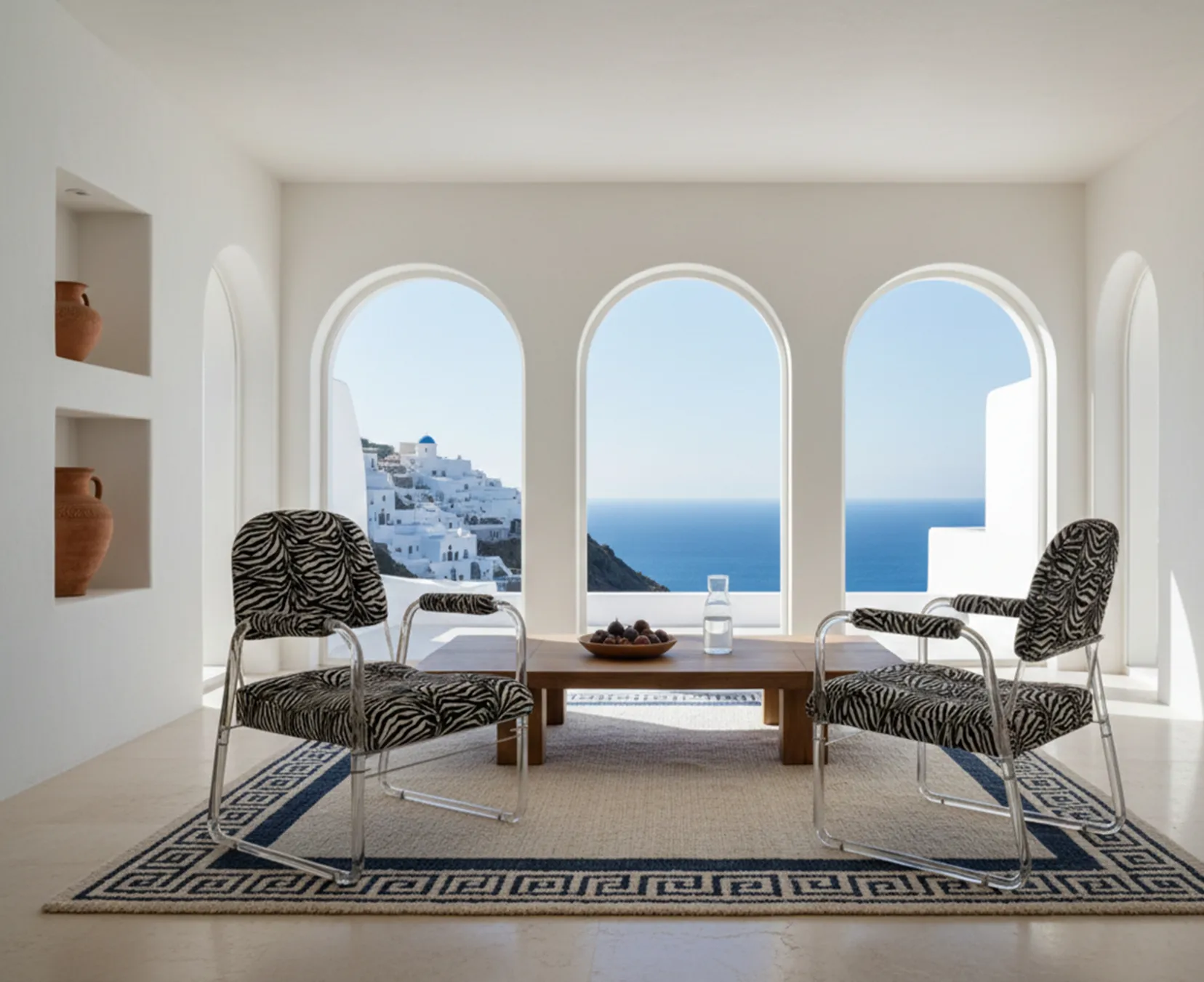 Two antique armchairs with black and white design in a bright modern setting.