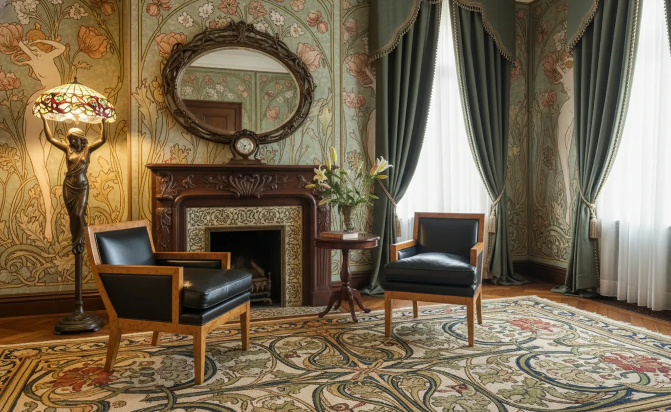 Two antique armchairs with elegant details in a classic setting.