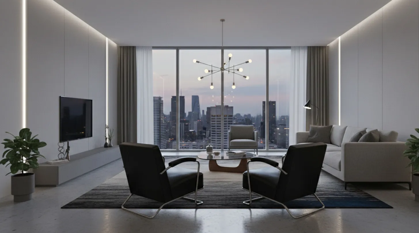 two antique armchairs in Art Deco style with city view.