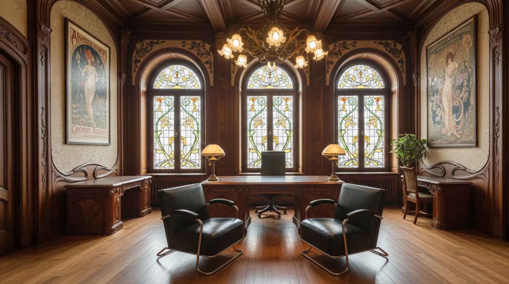 Two antique art deco armchairs in an elegant office with colorful windows