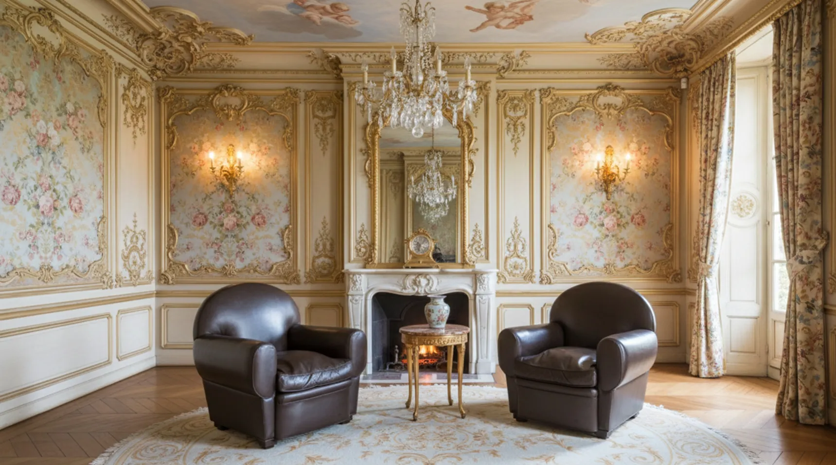 View of two antique armchairs in an elegantly decorated classic room.