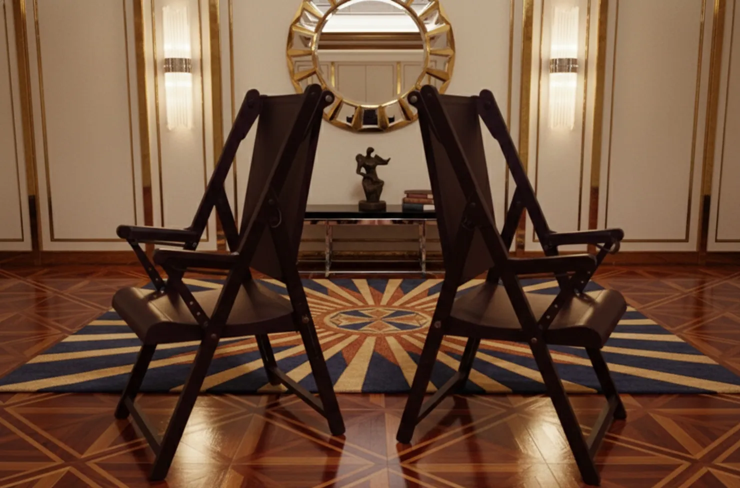 Two antique armchairs in a stylish setting with a mirror.