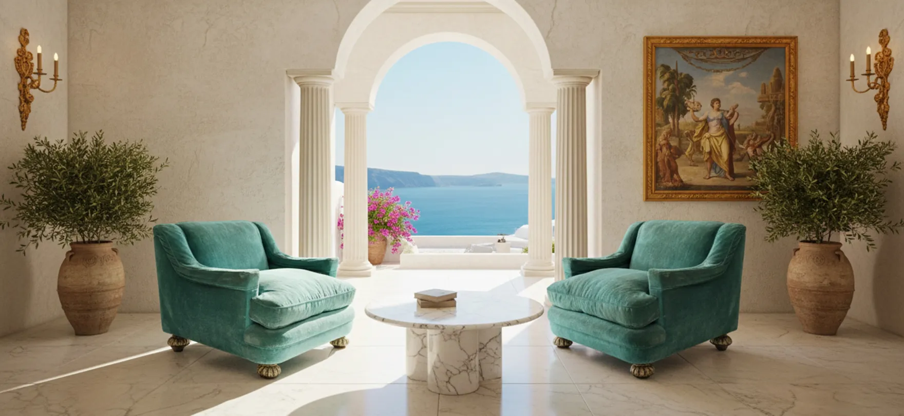 two antique armchairs in a bright serene setting with a sea view