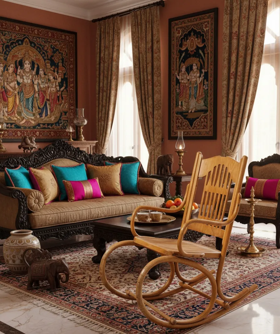 Antique hammock chair by Lorenz Thonet in decorated room.