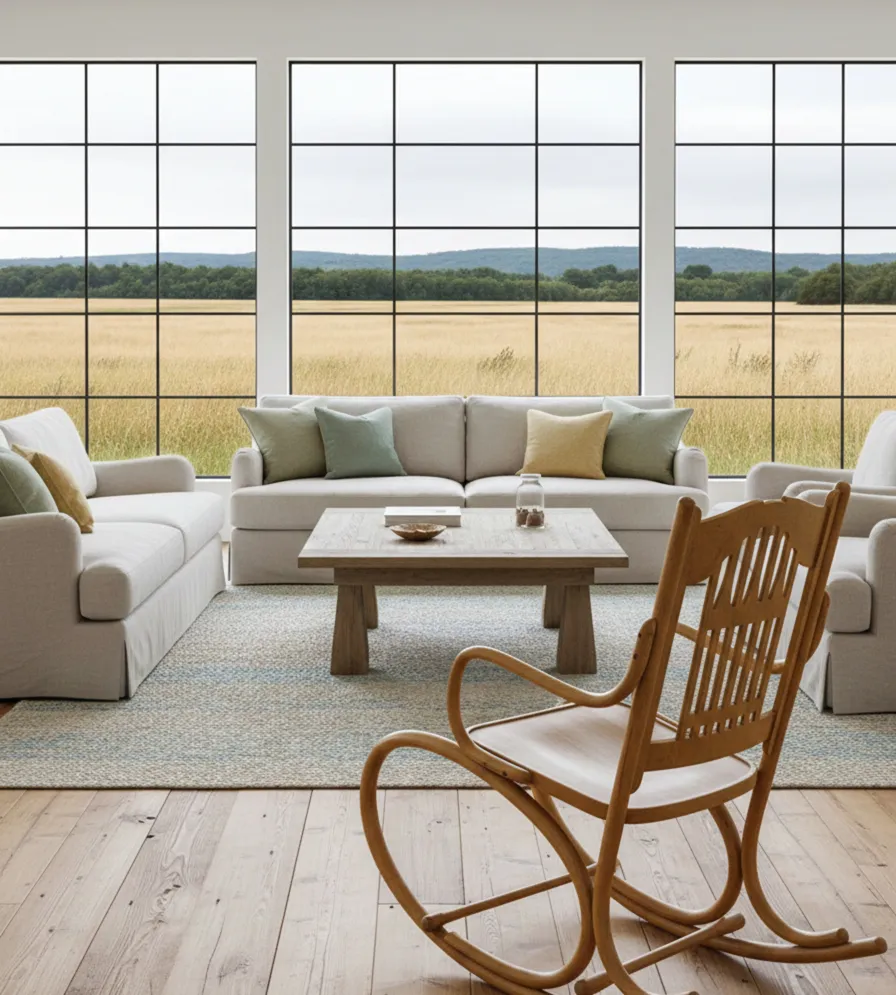 Antique hammock chair with an elegant design, in a cozy setting overlooking a field.