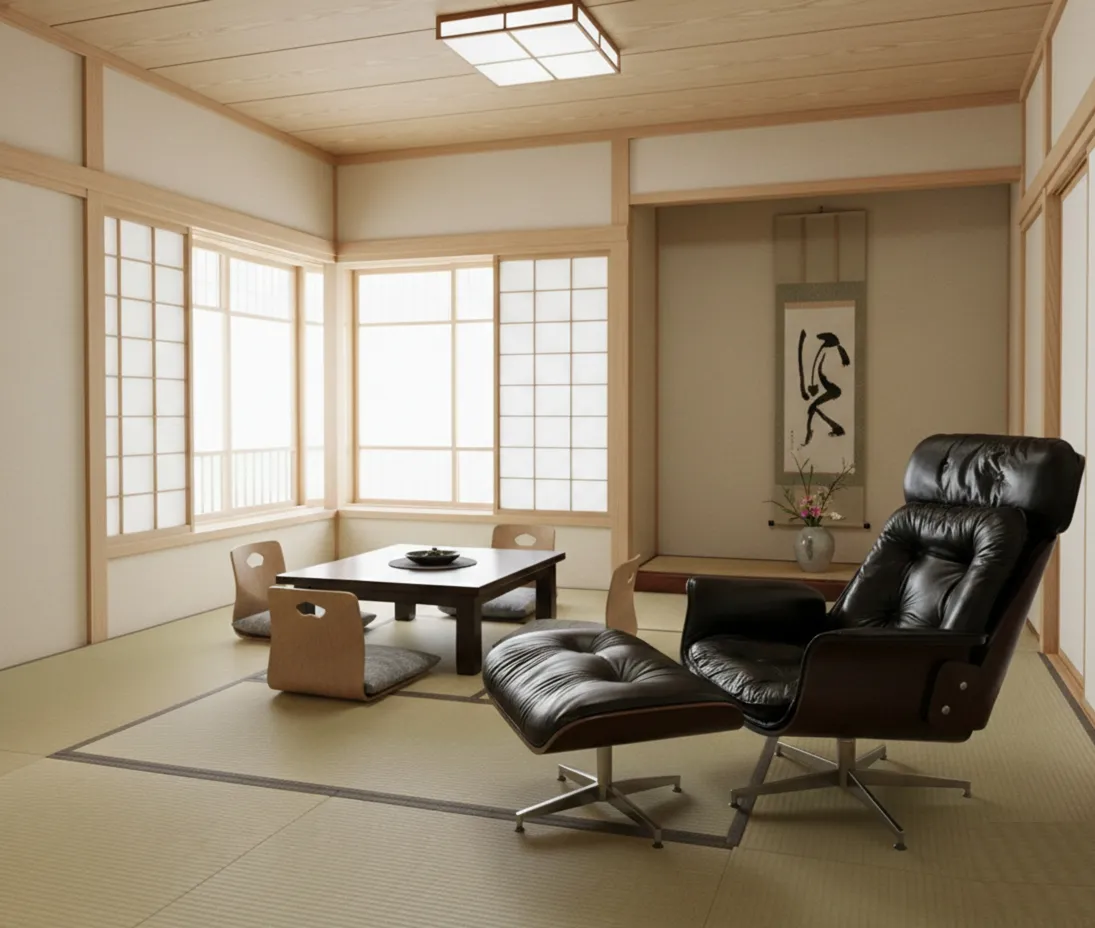 Antique armchair for restoration in a minimalist Japanese setting.