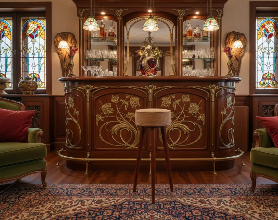 Sgabello antico con design elegante, atmosfera accogliente e decorazioni vintage