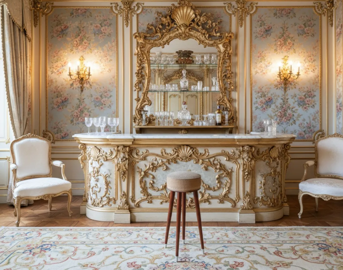 Sgabello antico con gambe chiare in un ambiente classico.