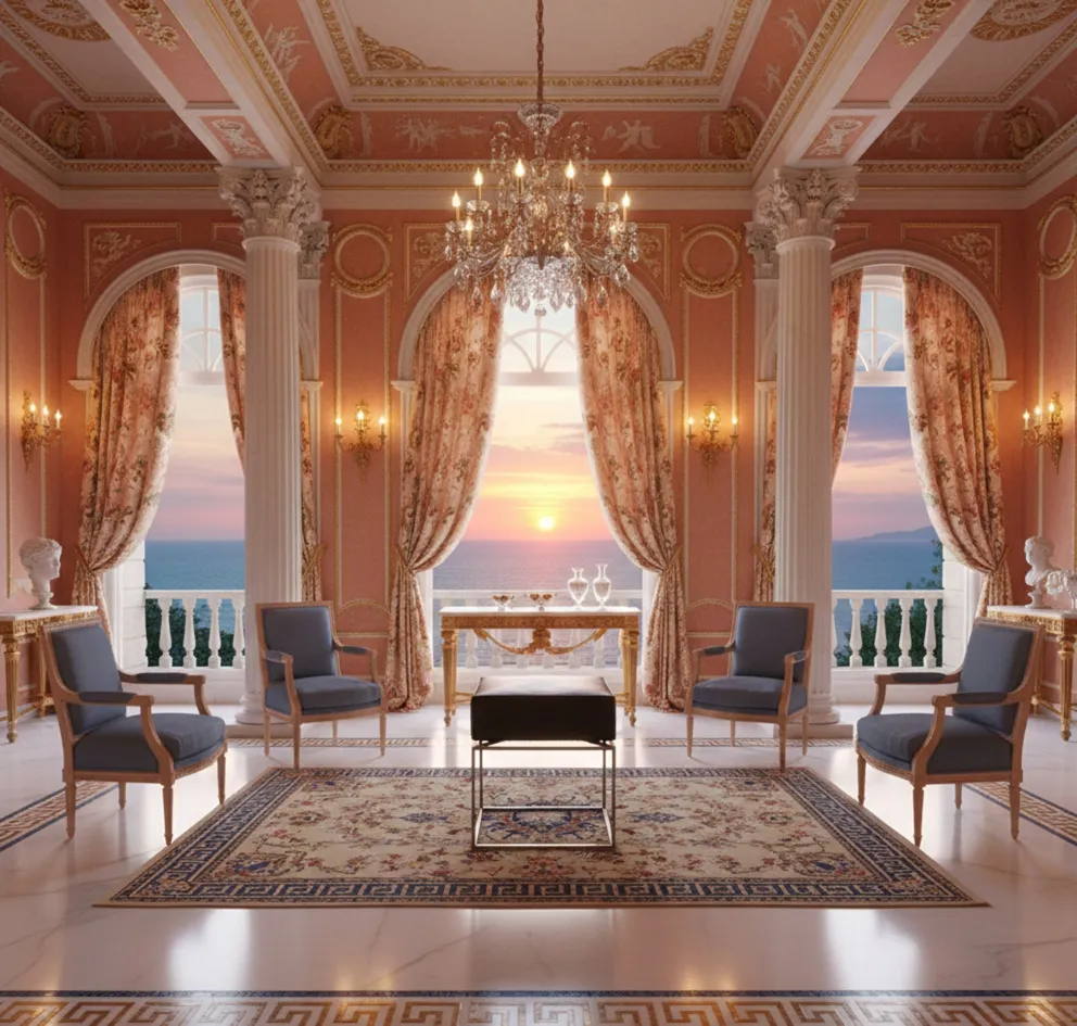 Sgabello antico in un elegante soggiorno al tramonto