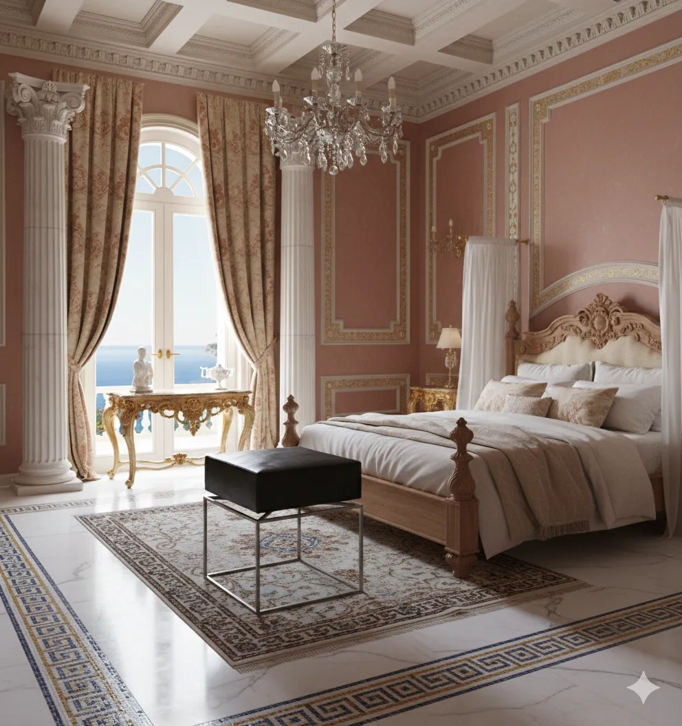 Sgabello antico in stile classico in un ambiente elegante.