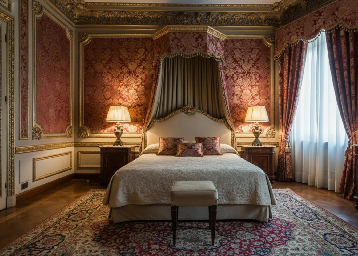 Antico sgabello in una stanza decorativa con tende lussuose.