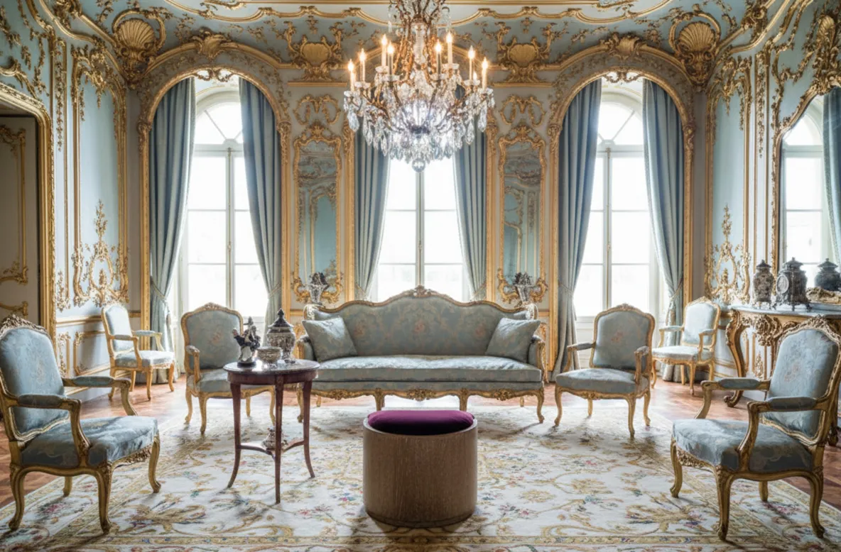 Sgabello antico in un elegante salone con decorazione sofisticata.