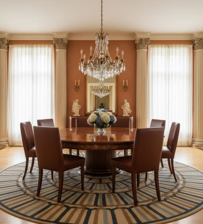 8把古董椅子在优雅环境和圆桌上