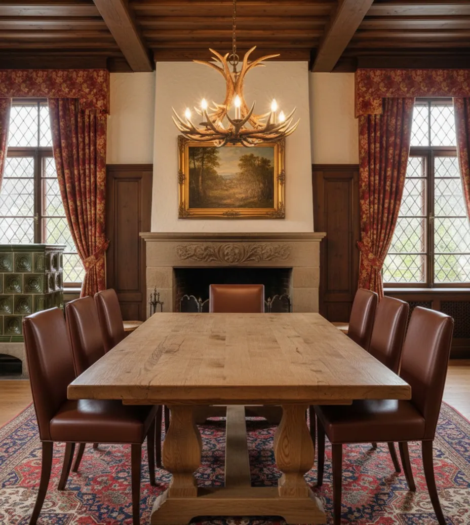 八把古董椅子，经典设计，位于温暖的餐厅中。