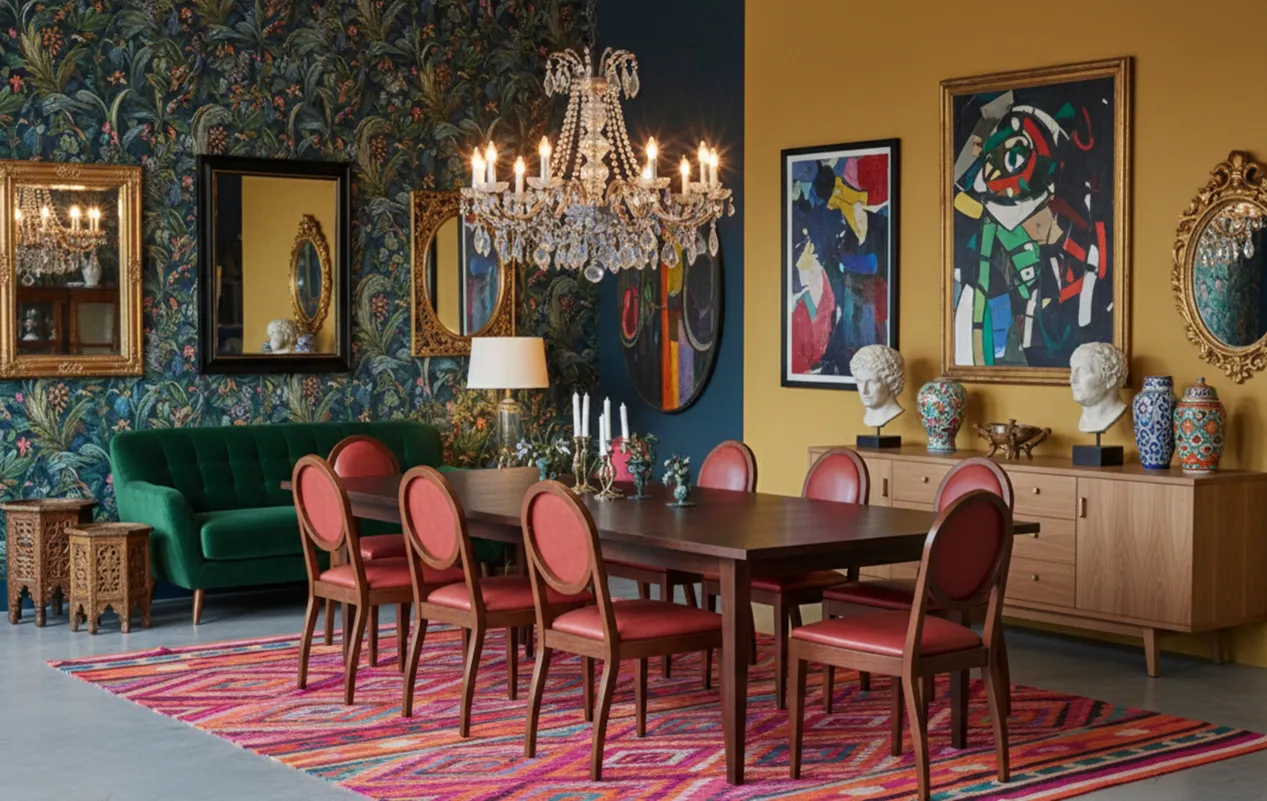 一组12把古董椅子，置身于色彩鲜艳的装饰环境中，非常适合修复。