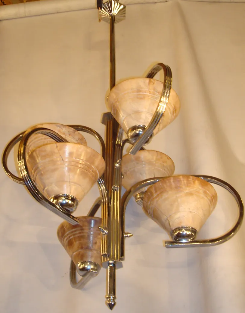 Antique hanging lamp featuring elegant Art Deco design with multiple arms.