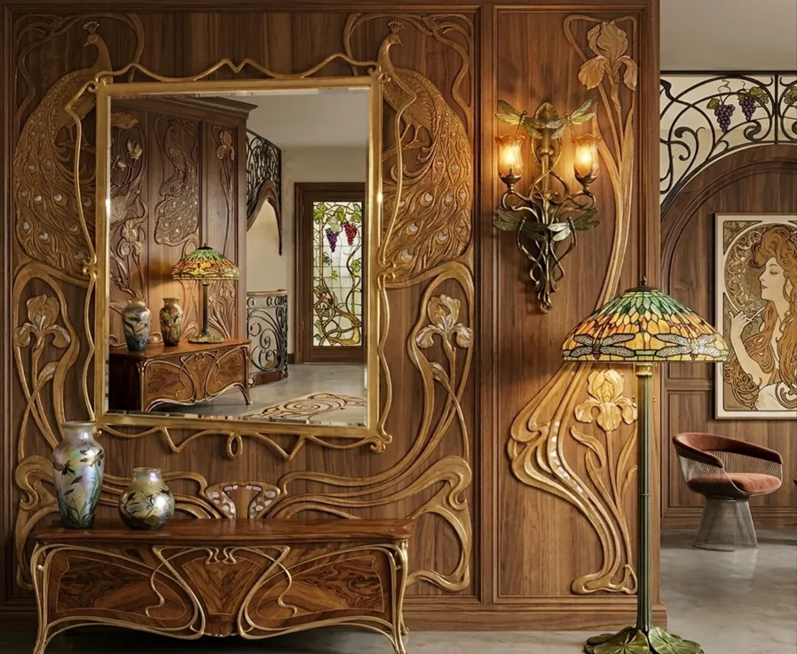 decorative antique mirror in an art nouveau setting