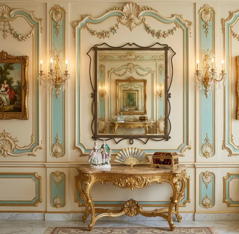 Antique decorative mirror in an elegant room with chandeliers