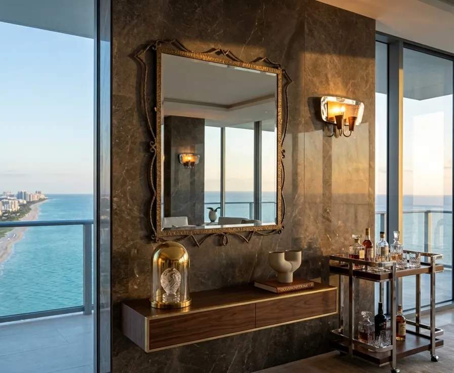 antique mirror with an elegant frame and sea view