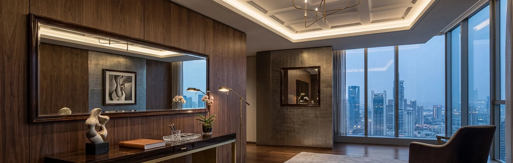 Decorative antique mirror in an elegant setting with an urban view.
