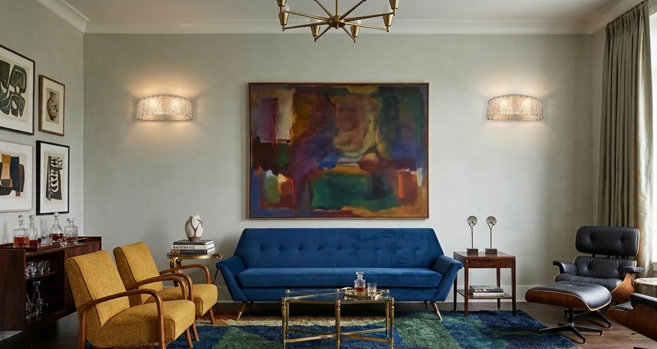 4 antique sconces illuminating a stylish living room