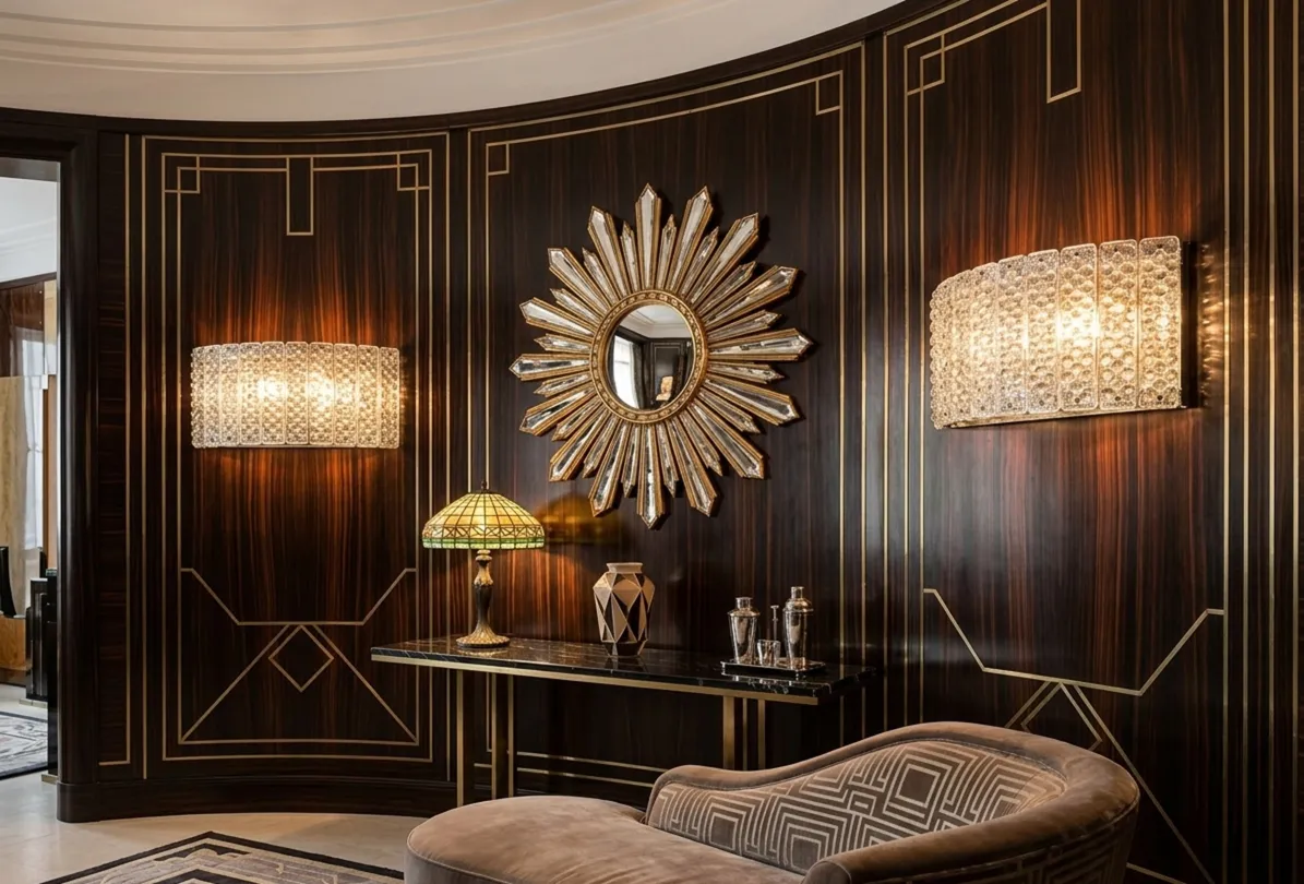 Four antique sconces illuminating a decorative wall