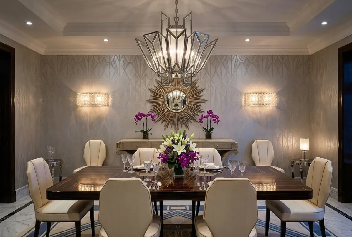 four vintage sconces illuminate the dining area