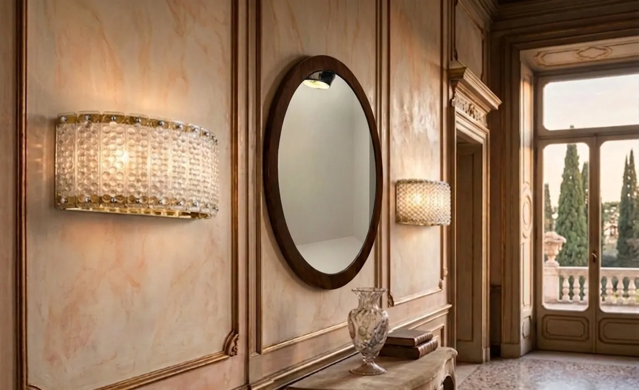 Oval antique decorative mirror on wall with lights