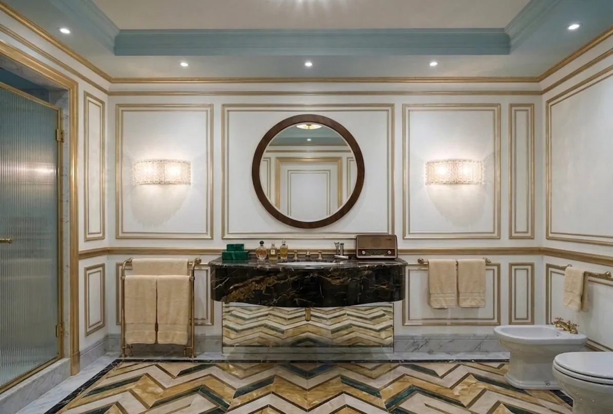 Antique round mirror in an elegant bathroom with golden accents.