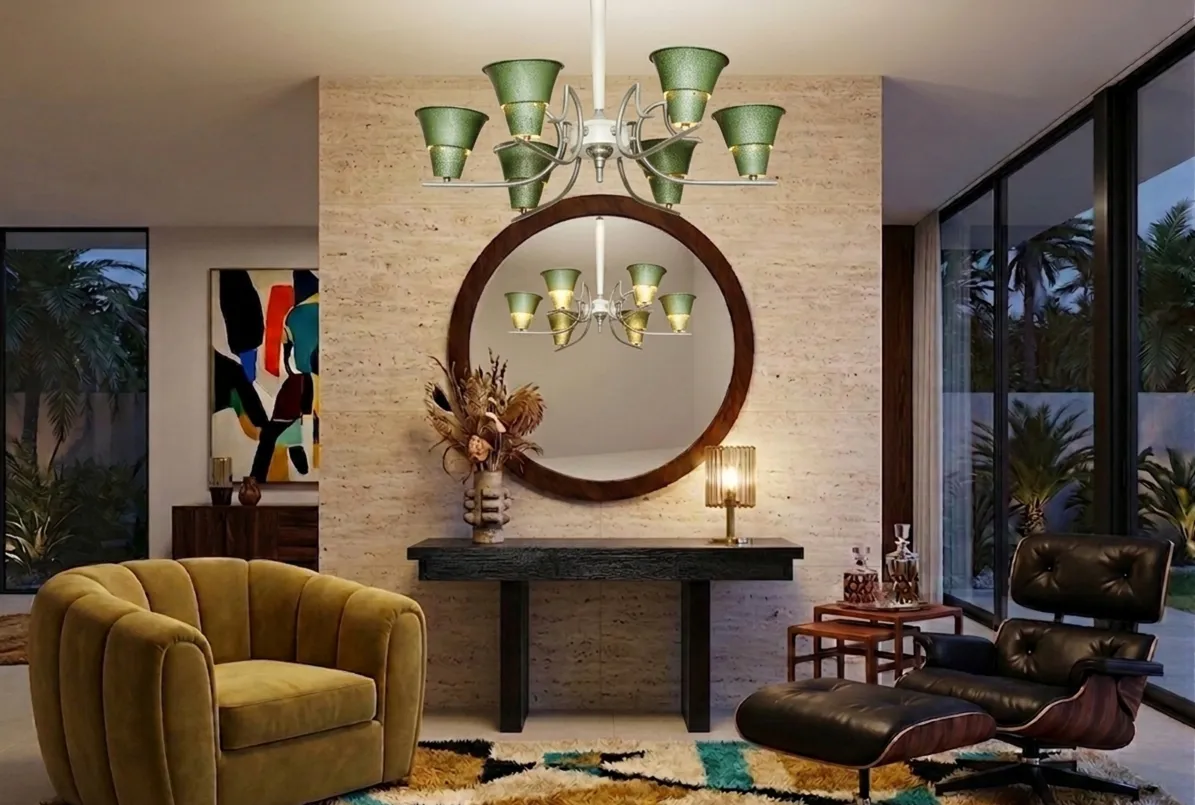 circular antique mirror in an elegant living room with lights