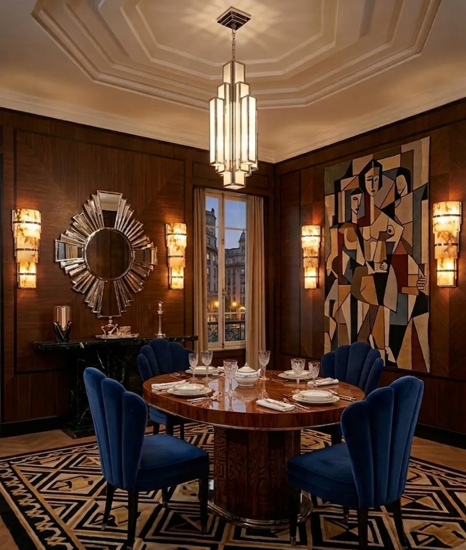 Antique pair of sconces illuminating an elegant dining room with a large mirror and abstract painting.