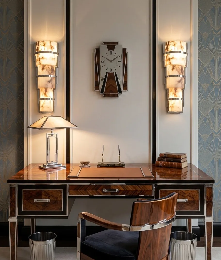 pair of art deco sconces brightening an elegant office