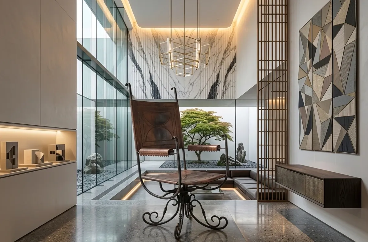 Antique armchair in a contemporary setting with plants