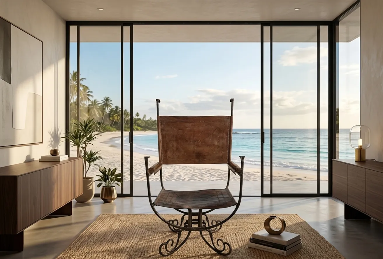 Antique armchair with ocean views in a cozy setting.