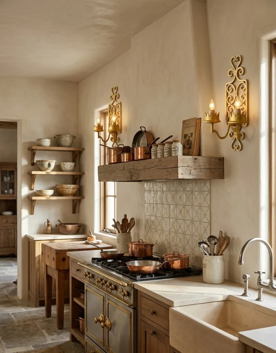 antique pair of sconces in a rustic kitchen setting, with soft light