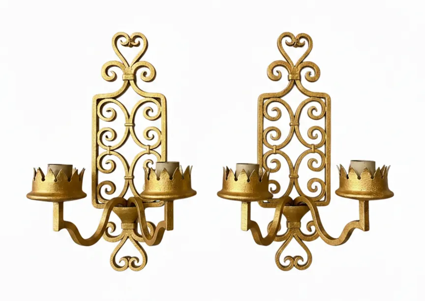 antique gold pair of sconces with ornate design, perfect for decoration