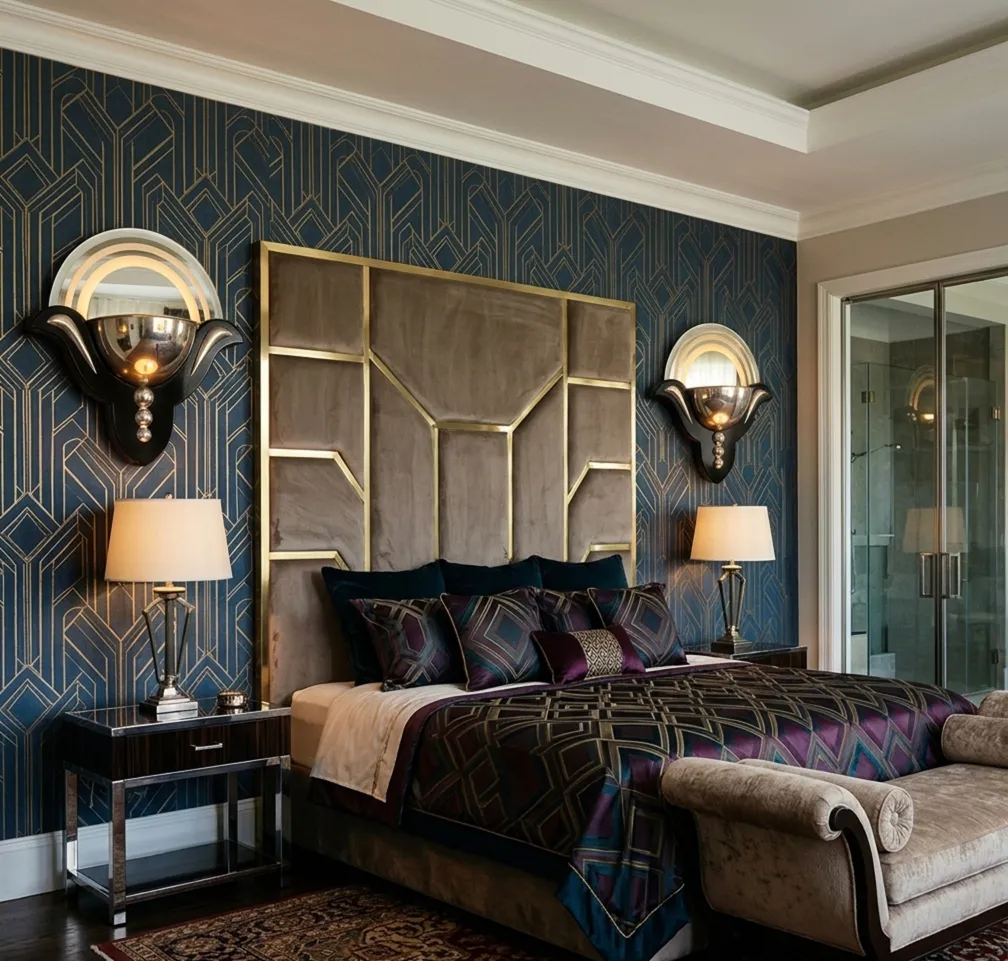 Antique pair of sconces on bedroom walls, featuring art deco design.