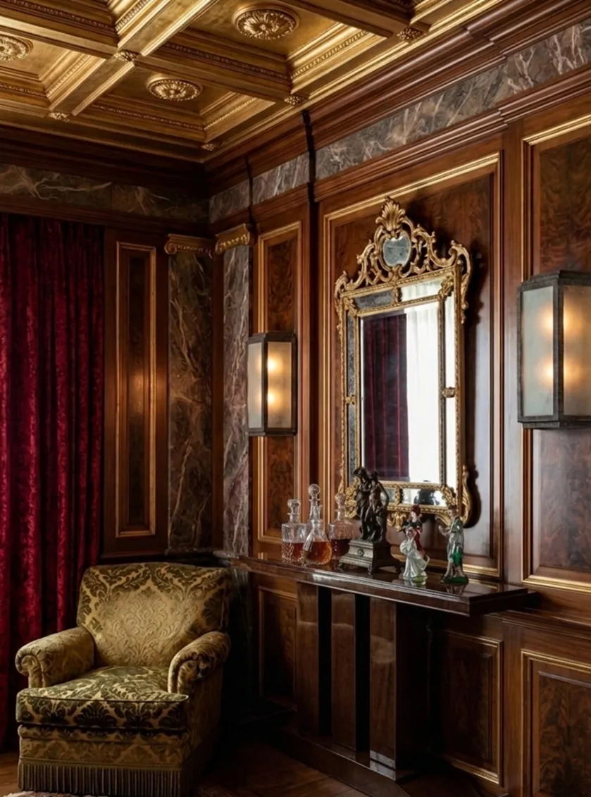 antique decorative console next to a green armchair and red curtains.