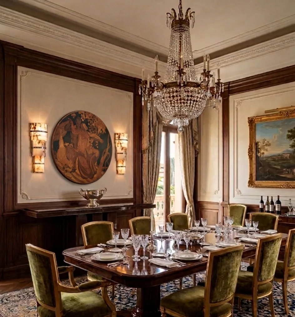 antique decorative console in an elegant setting with chandelier