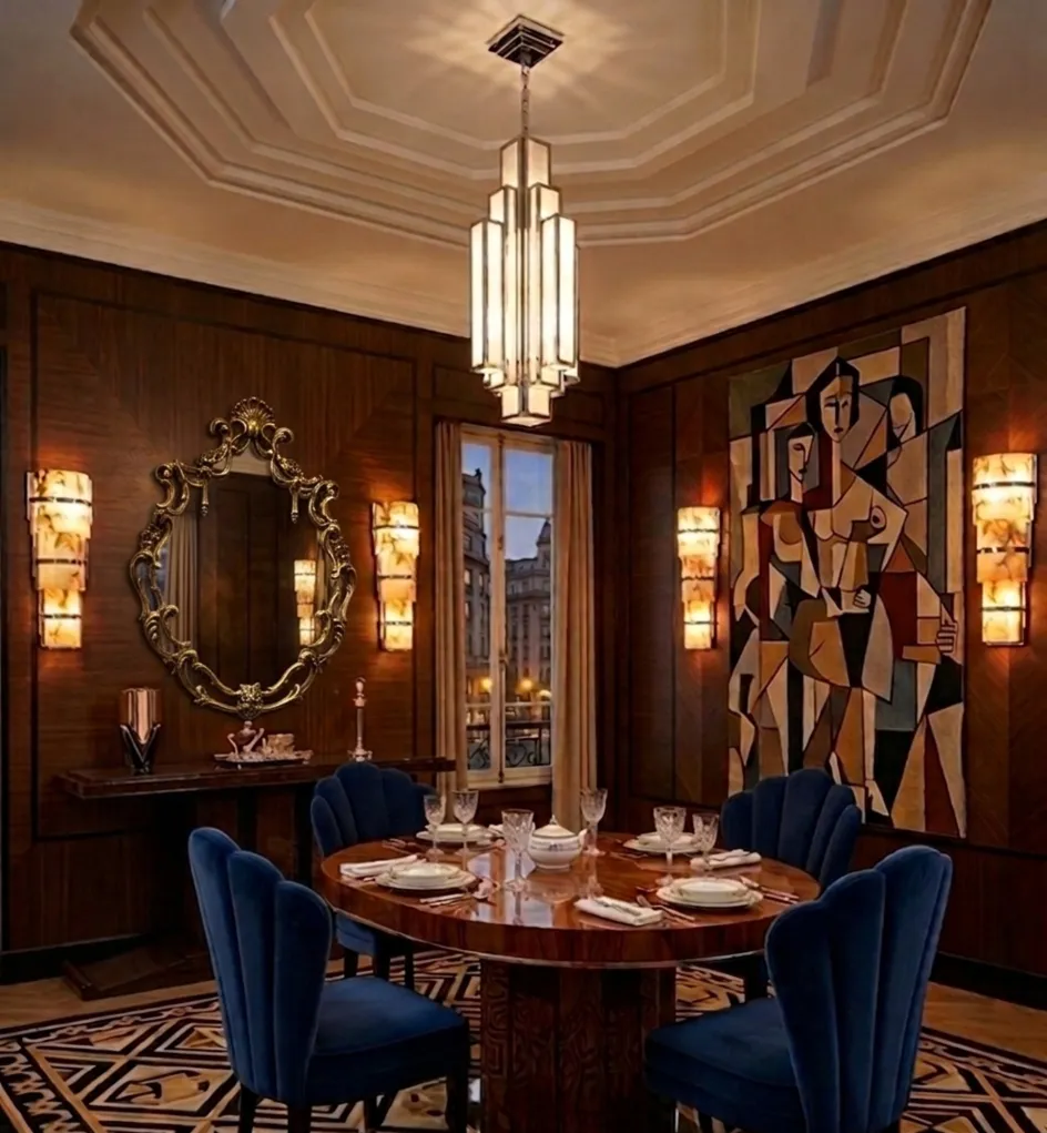 view of an antique console in an elegant setting with lamp and mirror