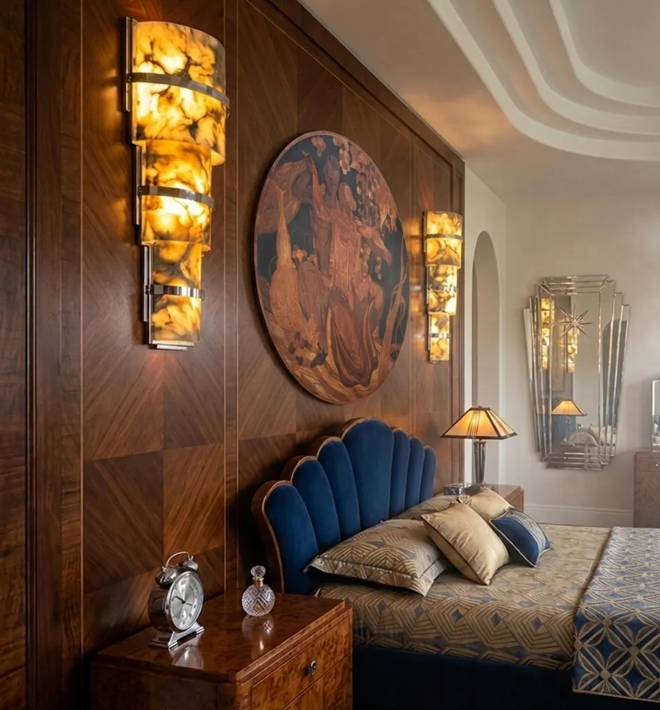 Marchetaria decorativa antiga com design intrincado e cores suaves em um ambiente elegante