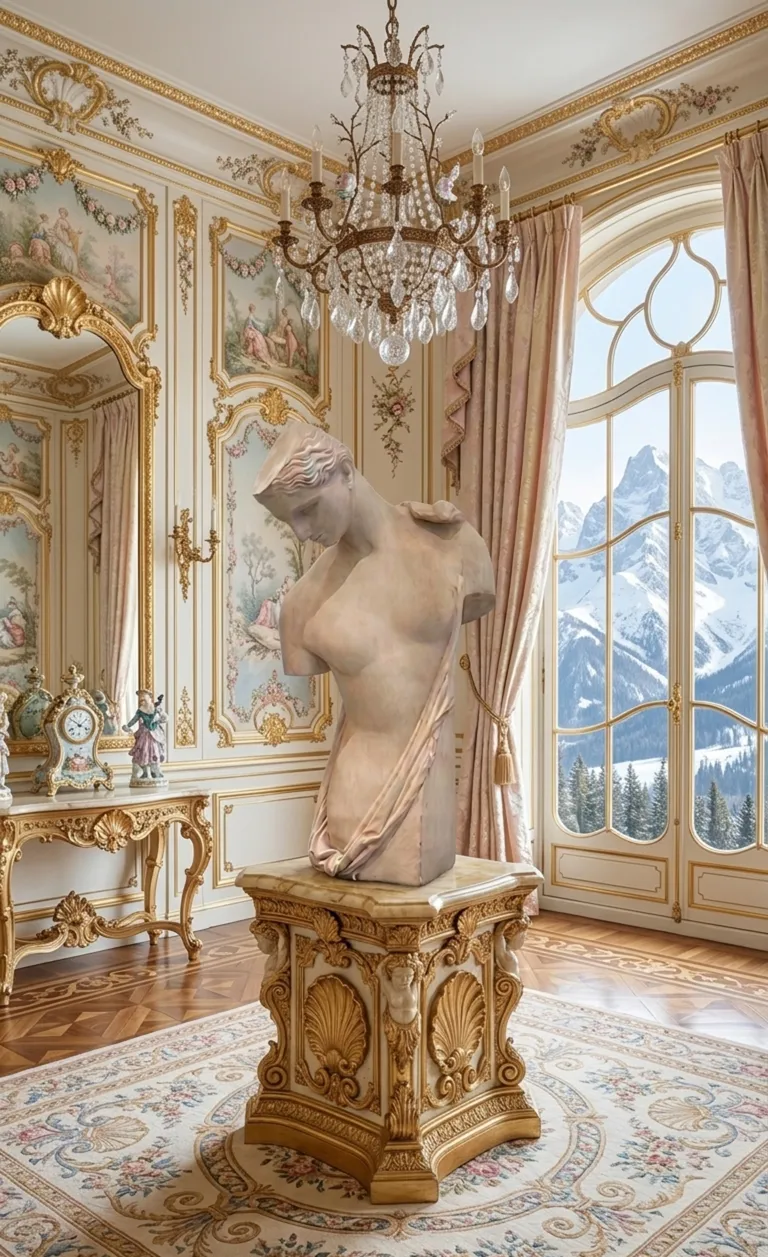 декоративная старая скульптура в роскошной комнате с большими окнами