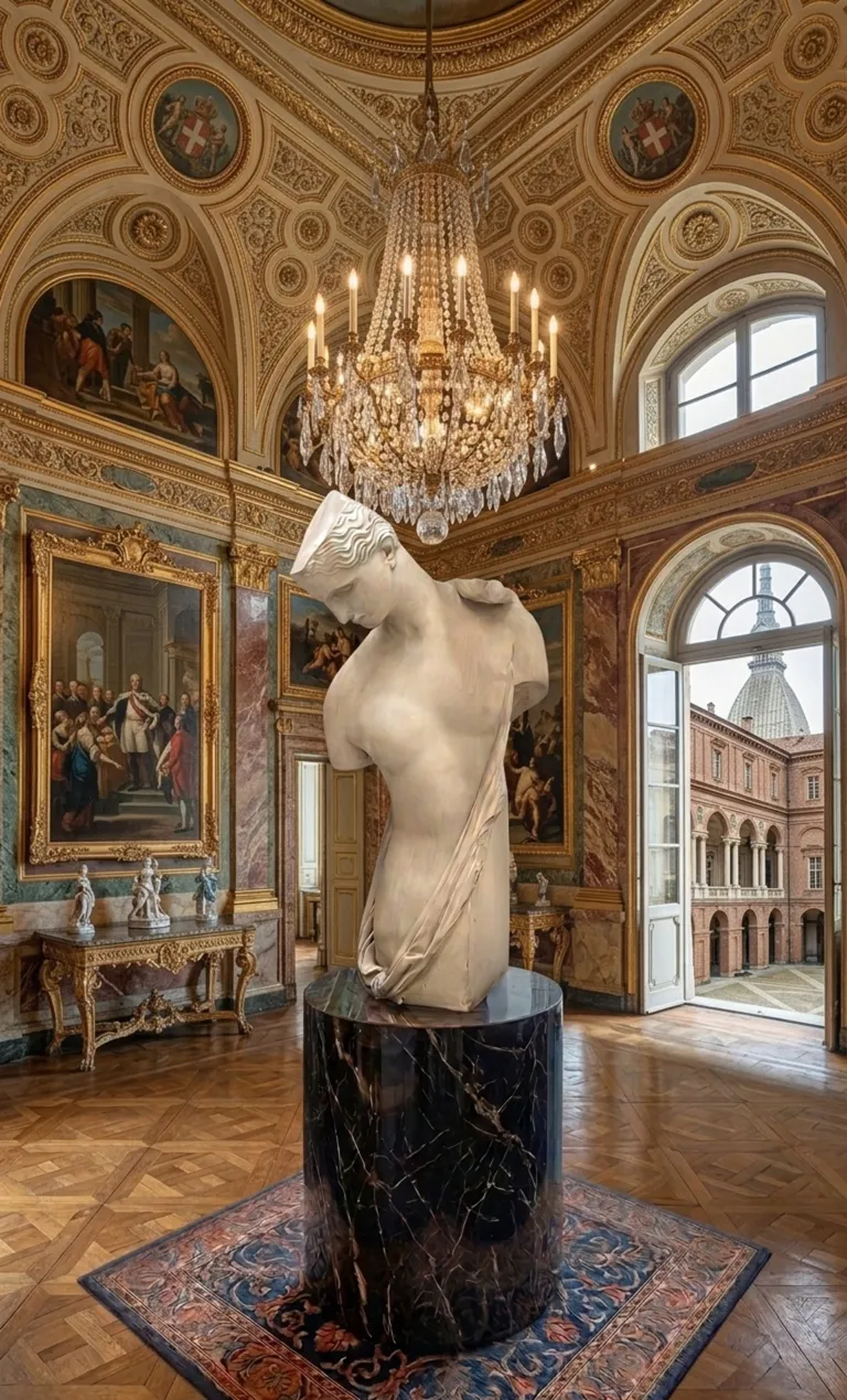 античная скульптура человеческого торса в украшенном зале